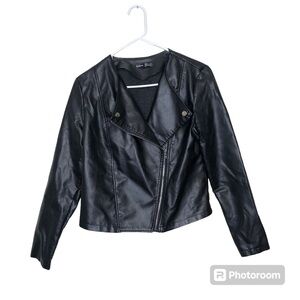 SHEIN Women's Waterfall Collar Zip Front PU Leather Jacket, Black, Medium